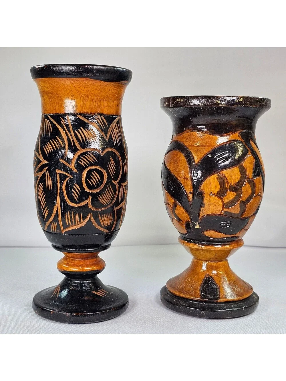 Vintage Hand Carved Wooden Vases Set of 2 Floral Etched Two Tone Black Natural